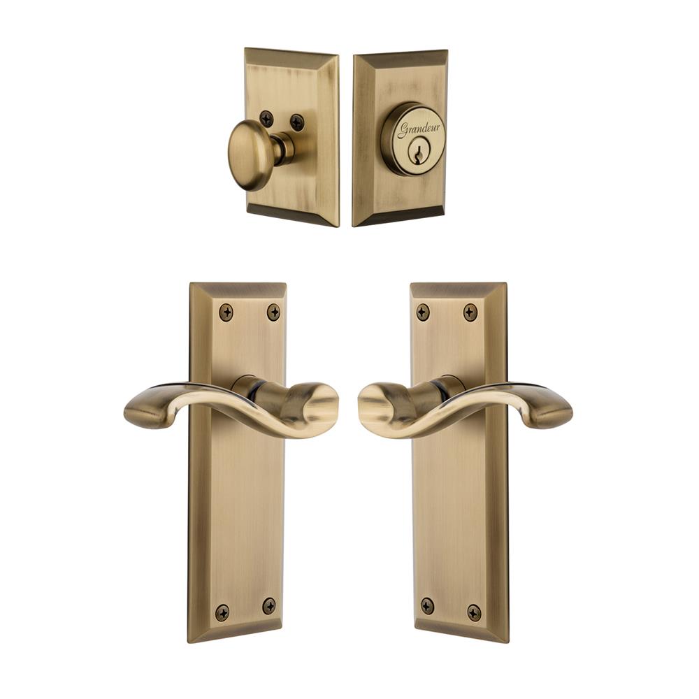 Grandeur by Nostalgic Warehouse Single Cylinder Combo Pack Keyed Differently - Fifth Avenue Plate with Portofino Lever and Matching Deadbolt in Vintage Brass